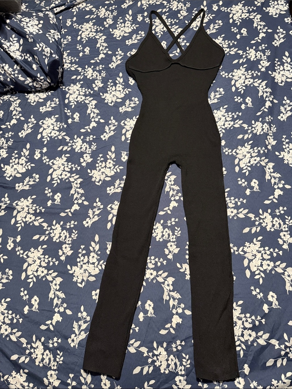 Black Ribbed V-Neck Jumpsuit